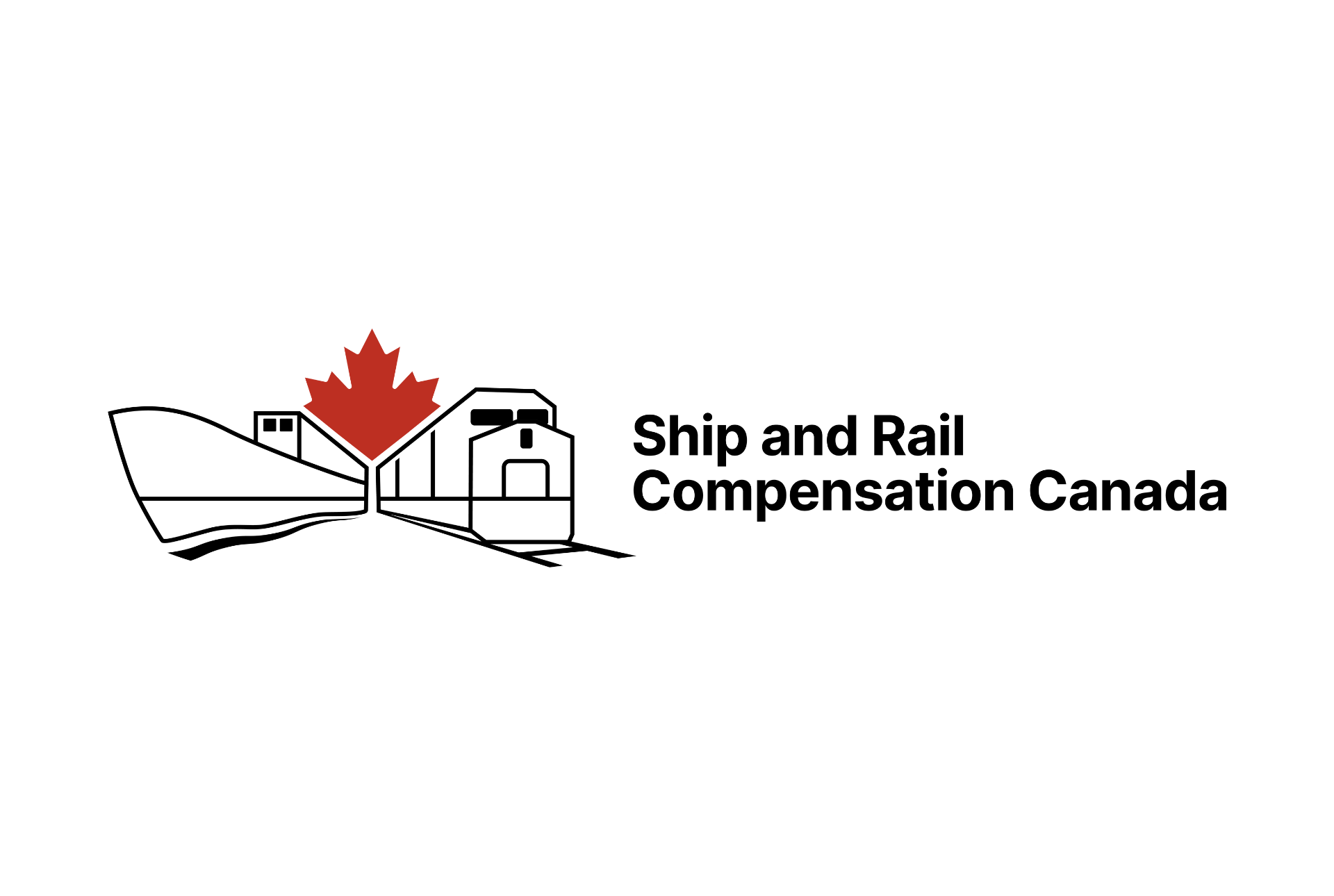 Logo for Ship and Rail Compensation Canada featuring a black outline of a train with a red maple leaf on it.