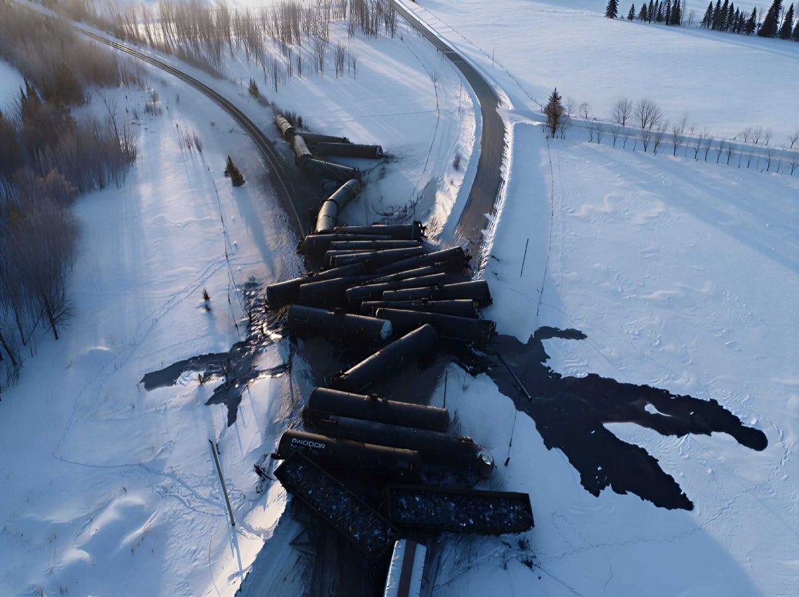 The Guernsey, Saskatchewan (Lanigan) derailment site following the 2019 accident. Image from the Canadian National Railway Company.