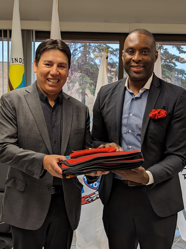 Steve D. Anderson, Deputy Administrator of the Rail Fund, with former Grand Chief Arthur Noskey of Treaty 8 First Nations of Alberta during a 2024 outreach trip to Alberta